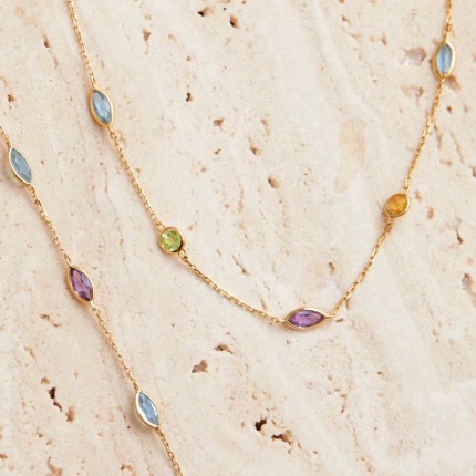 Colar em ouro amarelo 9k, peridoto, topázio, citrino, ametista e topázio