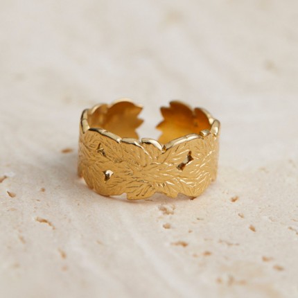 Anel ajustável em aço dourado com motivo de folhas