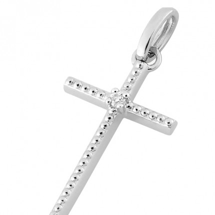 Pendente em cruz em ouro branco 18K e diamante central 0.01 ct