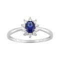 Anillo solitario con flor de plata 925 rodiada y circonitas azul y blanca