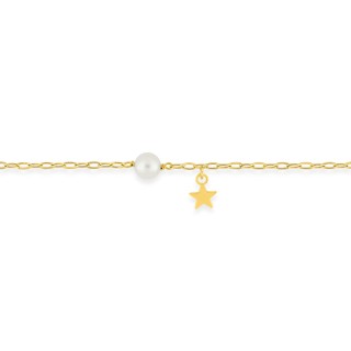 Pulseira para criança com estrela e pérola cultivada de água doce de 4 mm em ouro amarelo de 9k