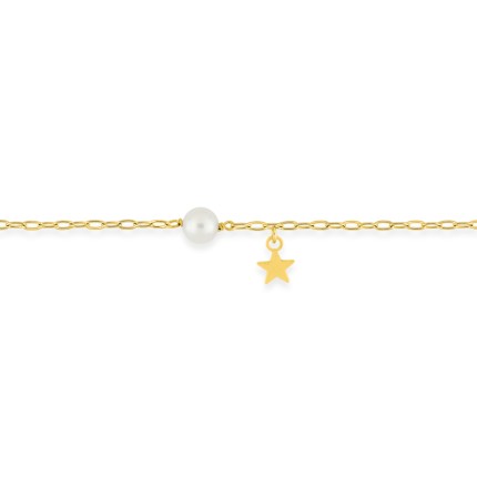 Pulseira para criança com estrela e pérola cultivada de água doce de 4 mm em ouro amarelo de 9k