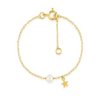 Pulseira para criança com estrela e pérola cultivada de água doce de 4 mm em ouro amarelo de 9k