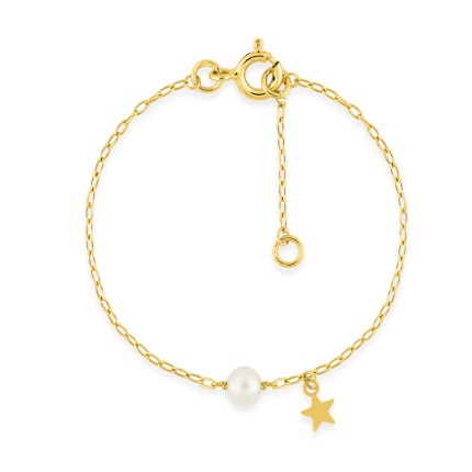 Pulsera infantil con estrella y perla cultivada de agua dulce de 4 mm en oro amarillo de 9k