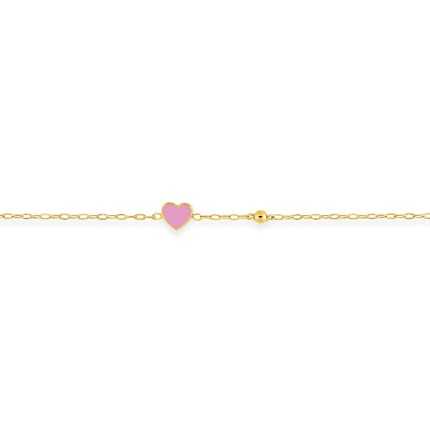Pulseira infantil com coração e bola em ouro amarelo de 9k e laca