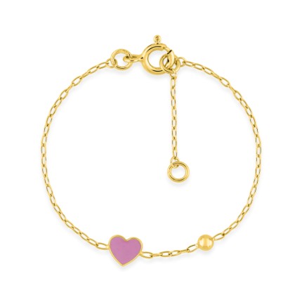 Pulseira infantil com coração e bola em ouro amarelo de 9k e laca