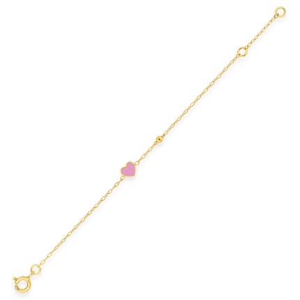 Pulseira infantil com coração e bola em ouro amarelo de 9k e laca