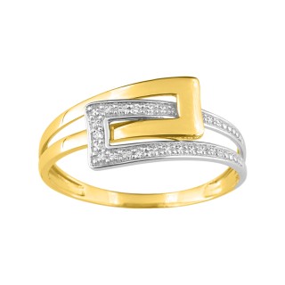 Sortija de oro bicolor 18K rectangulos cruzados y diamantes