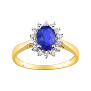 Anel em ouro amarelo rodiado 9K aura de safira e zircónias