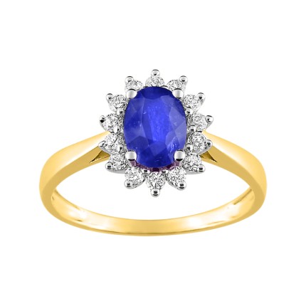 Anel em ouro amarelo rodiado 9K aura de safira e zircónias