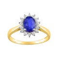 Anillo de oro amarillo rodiado 9K halo de zafiro y circonitas