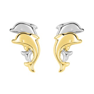 Pendientes de oro de 18K pareja de delfines bicolor