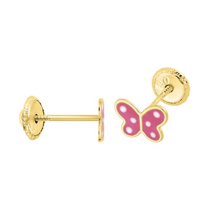 Brincos em ouro amarelo 9K com borboletas rosa esmaltadas