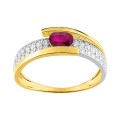 Anillo de oro amarillo de 9K con rubí y circonitas sobre rodio