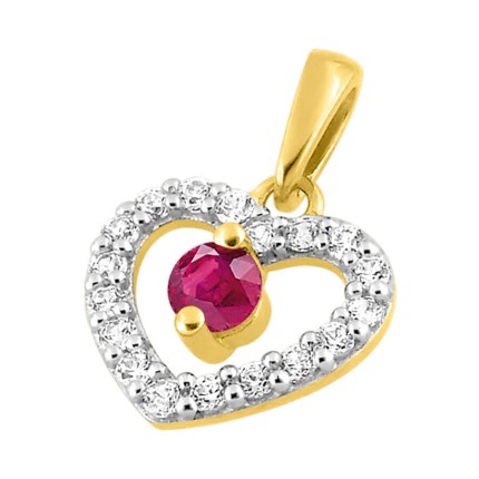 Colgante corazón de oro de 9K, rubí y circonitas