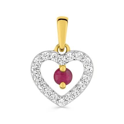 Colgante corazón de oro de 9K, rubí y circonitas