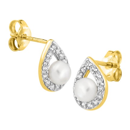 Pendientes de oro amarillo de 9K, circonitas y perla cultivada de agua dulce