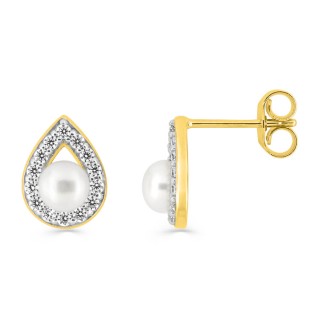 Pendientes de oro amarillo de 9K, circonitas y perla cultivada de agua dulce