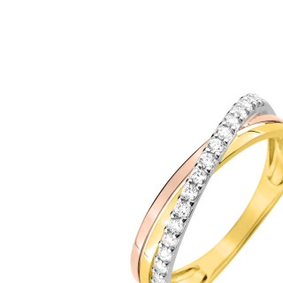 Anel tricolor em ouro de 9K e zircónias