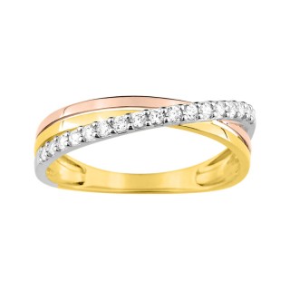 Anel tricolor em ouro de 9K e zircónias