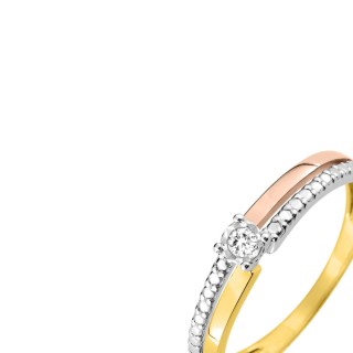 Anel tricolor solitário em ouro de 9K e diamante de 0,04 ct