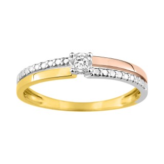 Anel tricolor solitário em ouro de 9K e diamante de 0,04 ct