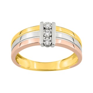 Anillo triple de oro tricolor 9K con diamantes 0.03 ct