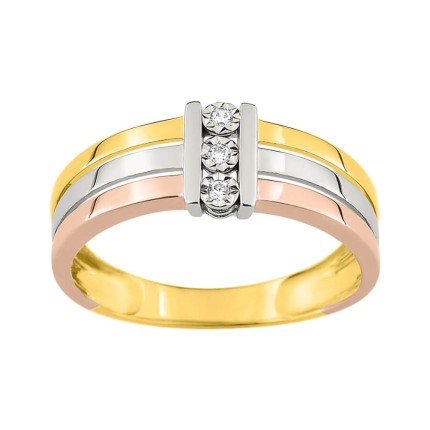 Anel triple em ouro tricolor 9K com diamantes 0.03 ct