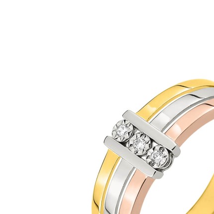 Anillo triple de oro tricolor 9K con diamantes 0.03 ct