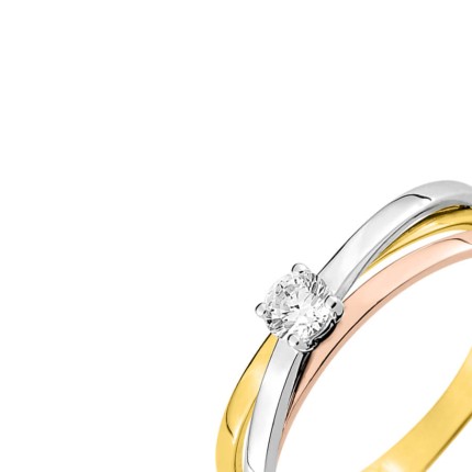 Anillo solitario de oro tricolor 9K con circonita