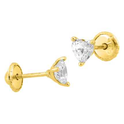 Brincos coração em ouro amarelo 18K zircónia em 3 garras