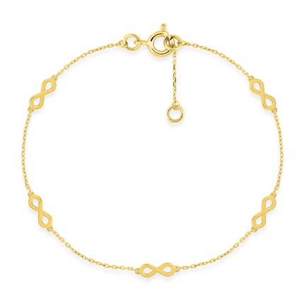 Pulseira em ouro amarelo 9K com cinco motivos infinitos