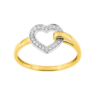 Anillo oro bicolor 9 KT corazón abierto circonita