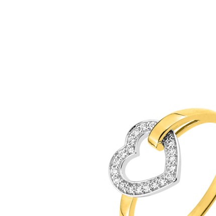 Anel ouro bicolor 9 kt com coração aberto e zircónia