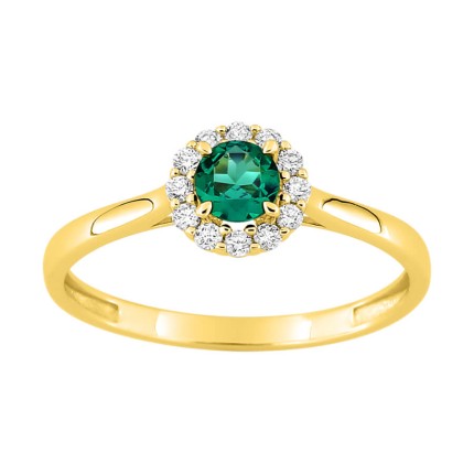 Anel em ouro amarelo 9K, esmeralda criada e diamantes criados F-VS 0,13 ct
