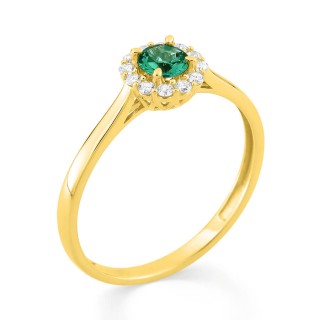 Anel em ouro amarelo 9K, esmeralda criada e diamantes criados F-VS 0,13 ct
