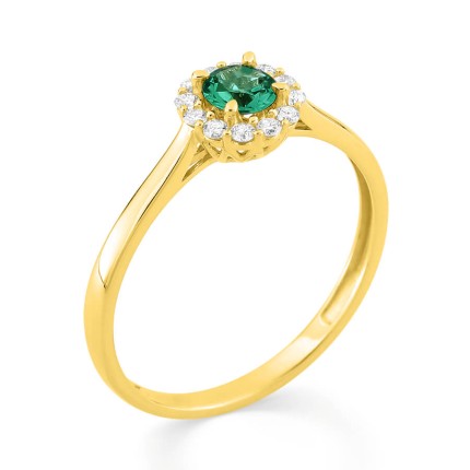 Anillo en oro amarillo 9K, esmeralda creada y diamantes creados F-VS 0,13 ct