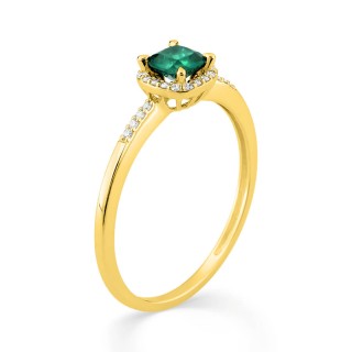 Anel em ouro amarelo 9K, esmeralda criada com cercadura e diamantes criados F-VS 0,08 ct