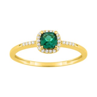 Anel em ouro amarelo 9K, esmeralda criada com cercadura e diamantes criados F-VS 0,08 ct