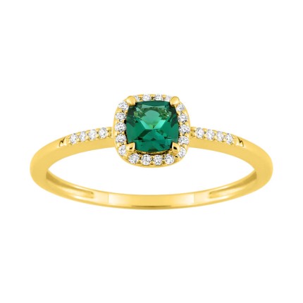 Anillo de oro amarillo 9K, esmeralda creada con rodete y diamantes creados F-VS 0,08 ct