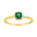 Anel em ouro amarelo 9K, esmeralda criada com cercadura e diamantes criados F-VS 0,08 ct