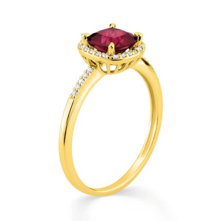 Anel em ouro amarelo 9K de rubi criado quadrado com diamantes criados F-VS 0,12 ct