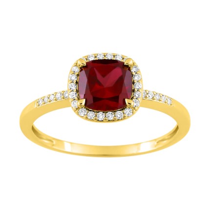 Anel em ouro amarelo 9K de rubi criado quadrado com diamantes criados F-VS 0,12 ct