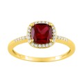 Anel em ouro amarelo 9K de rubi criado quadrado com diamantes criados F-VS 0,12 ct