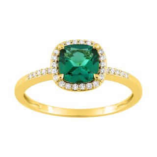 Anel em ouro amarelo 9K, esmeralda criada com cercadura e diamantes criados F-VS 0,12 ct