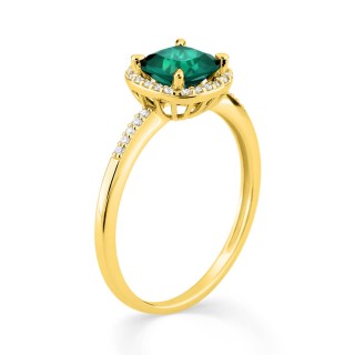 Anillo de oro amarillo 9K, esmeralda creada con rodete y diamantes creados F-VS 0,12 ct
