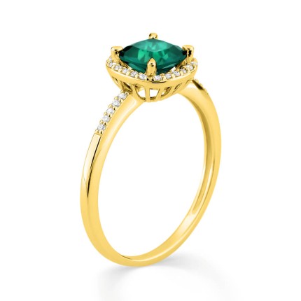 Anillo de oro amarillo 9K, esmeralda creada con rodete y diamantes creados F-VS 0,12 ct