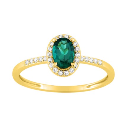Anillo de oro amarillo 9K, esmeralda creada ovalada y diamantes creados 0,11 ct
