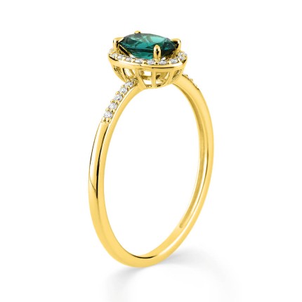 Anillo de oro amarillo 9K, esmeralda creada ovalada y diamantes creados 0,11 ct