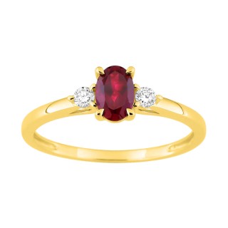 Anel em ouro amarelo 9K, rubi oval e diamantes criados 0,09 ct